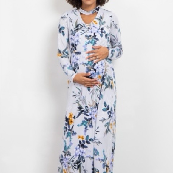 Light Blue Floral Print Cutout Front Maxi Dress